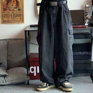 Mens Jeans Houzhou baggy byxor manliga denim byxor svart bred ben överdimensionera last koreanska streetwear hip hop hajujuk 230606