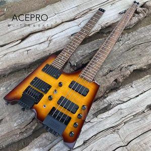 Stokta Çift Boyun Başsız Elektro Gitar Vintage Sunburst Flamed Maple Tremolo Köprüsü 6 String Guitarra+4 String Bas Combo