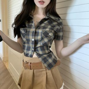 Frauen Blusen 2023 Blusas Muje De Moda Sommer Bluse Für Frauen Slim Fit Vintage Plaid Shirts Kurzarm Tasche Casual tops Femme