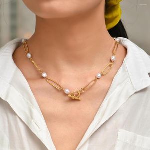 Chains Minimalist Link Splicing Pearl Necklace For Women Simple Fashion Toggle Clasp Choker Collar Statement Jewelry