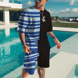 Agasalhos masculinos de verão, roupas esportivas com decote em O, conjunto de listras simples, estampa de camisetas 3D, roupas casuais de rua