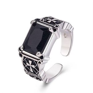 Solitaire Ring Ancient Sier Jesus Cross Black Agate Band Finger Retro Öppna justerbara diamantringar Män modesmycken Will och San Dh8af