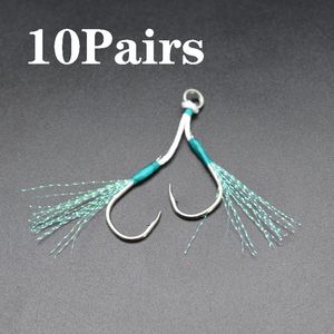 Fishing Hooks 10Pair Jig Lure Assist Hook Sea Water Slow Jigging Fishjig Double Barbed Peche Feather Head Accessories 230606