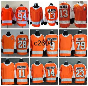 C2604 Mens Orange 94 Ryan Ellis Lil #13 Hayes Peep Hockey Jerseys 9 Provorov 23 Lindblom 28 Giroux 11 Konecny 14 Couturier 79 Hart Home Stitched Shirts S-XXXL