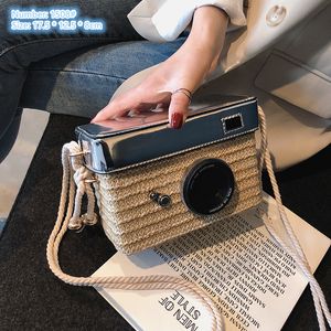 wholesale ladies shoulder bags 2 colors small fresh personality camera box bag summer straw fashion beach handbag street fashion woven mobile phone coin purse 1508#