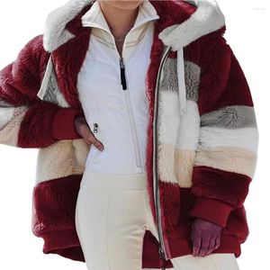 Kadın ceketleri gevşek tüylü sıcak peluş ceket kadınlar kapüşonlu renk blok fermuar hırka kış palto kalınlaşıyor