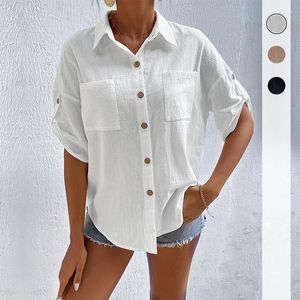 Kvinnors blusar kvinnors blus 2023 Summer Lapel Shirt Top Cotton Fashion