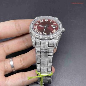 Andere Uhren Handgefertigt voller Diamanten Uhr Herren automatische mechanische Uhren rotes Zifferblatt mit diamantbesetztem Stahlarmband Business-Armbanduhren J230606