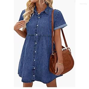 Casual Dresses for Women Fashion 2023 Summer European and American Washed Denim Lapel Loose Sweet Ruffled jeans klänning kort kjol