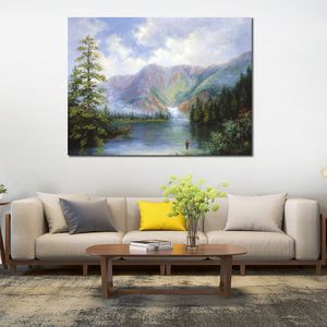 Arte su tela realizzata a mano per la decorazione del soggiorno Pesca vicino alle cascate Pittura moderna Paesaggio realistico Bellissimo