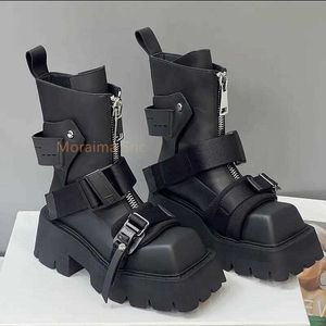 Botas Sola Grossa Bico Quadrado Tornozelo Botas Curtas Feminina Knight Boots Cinto Fivela Botas Chelsea Zíper Sapatos Plataforma 2022 Outono Inverno Z0605