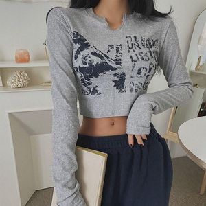 レディースTシャツビンテージプリントロングスリーブトップトップ女性セクシーY2K Tシャツ韓国スタイルシックティーグランジ美学ストリートウェアショートタンクTPPS 230606