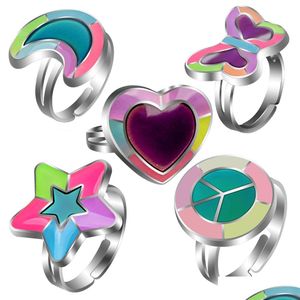 Band Rings Glow In The Dark Luminous Heart Love Butterfly Moon Pentagram Peace Charm Adjustable Temperature Mood Change Color Fashio Dhjcz