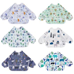 Śliniaki Burp Cloths Baby Wodoodporne długie rękawowe śliniak karmiący z kieszeniami Śliczne kreskówkowe dziecięce fartuch unisex dziecięce zapasy G220605