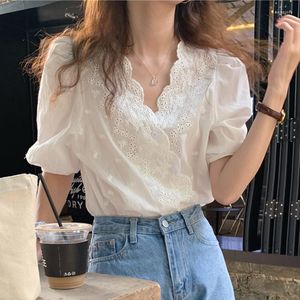 Blusas Femininas Ocas Bordadas Blusa Manga Puff Feminina Verão 2023 Coreana Decote em V Camisas Casuais de Algodão Branco Moda Escritório Senhoras Tops