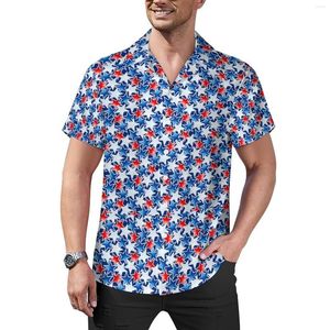 Camisas casuais masculinas Camisa com estampa de estrelas Vermelho, branco e azul Férias soltas Blusas de verão Y2K Design de manga curta Roupas grandes