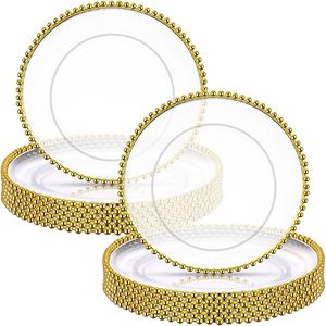 Clear Charger Plate with Gold Beads Rim Acrylic Plastic Decorative Dinner Serving Wedding Xmas Party Decor