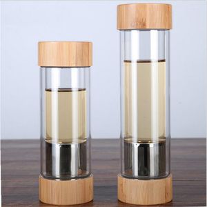 Vattenflaskor 300 ml 400 ml glas med te -infusör Shaker dubbel väggdryck flaskad för två munnar bambu lock