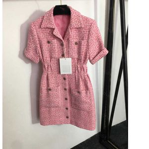 23ss Summer Dresses Women Designer Girl Style Single Breasted Tweed Lapel Waist Short Sleeve Dress High Quality Womens Clothing A1