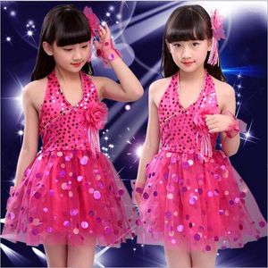 Stage Wear 6 Colors Veil Girl Latin Dancewear Children Sequin Dresses Students Flower Modern Dancing Costumes Size 100-150cm