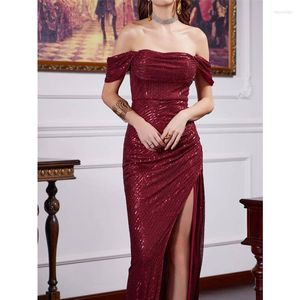 Casual Dresses Women Elegant Fashion Off Shoulder High midje Corset Slit Evening Cocktail Dress Prom Gown Sexig paljett Wedding Party