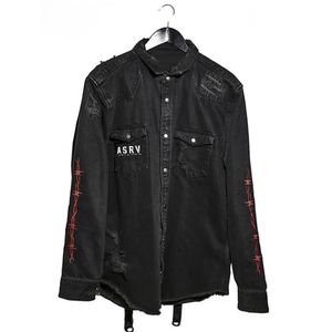 アメリカンファッションメンレースネックウォッシュグラフィックプリントブラックデニムジャケット