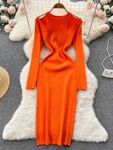 Casual Dresses 2022 Autumn/Winter Hollow Long Sleeve Knitted Sweater Ultra Thin Elastic Wrap Hip Women's Dress P230606