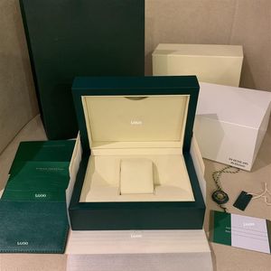 Caixas de relógio verde escuro de alta qualidade, caixa de presente amadeirada para relógios Rolex, livreto, cartão, etiquetas e papéis em inglês, relógios suíços Bo232B