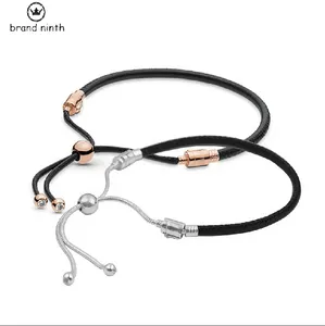 Pulseira pandora de ajuste autêntico, pingentes de contas, pingente faça você mesmo, couro preto, pulseira deslizante, moda feminina, simples, deslizante