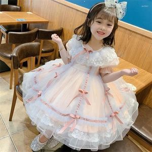 Vestidos para Meninas Vestido de Festa para Meninas Verão Rosa Elegante Princesa Crianças Laço Renda Roupas de Aniversário 1-8 Anos Lolita Pompon