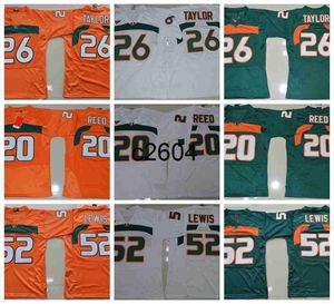 C2604 Vintage Miami Hurricanes College Football Jerseys Green 26 Sean Taylor 52 Ray Lewis R.Lewis 20 Ed Reed University Shirts Orange White S-XXXL