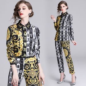 Kvinnors tvådelar Pants Dropship Spring Summer Fall Runway 2 Piece Womens Set Retro Vintage Print Collar Long Sleeve Top Shirt Blue Pant Suits Outfit 230606