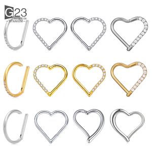 Titanium Nose Rings Studs, D-Shape Zircon Septum Ring, Heart Tragus Piercing Jewelry for Women