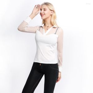 Women's T Shirts Womens T-shirt 2023 Summer Fashion Splicing Mesh Sexigt perspektiv Långärmad Slim Female Camisetas Verano Mujer