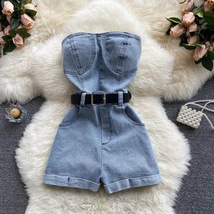 Kvinnor Jumpsuits Rompers Women Jumpsuit Cowboy Strapless Romper Denim Shorts Belt Chic Bodysuits Mujer Streetwear Summer Dropship 230605