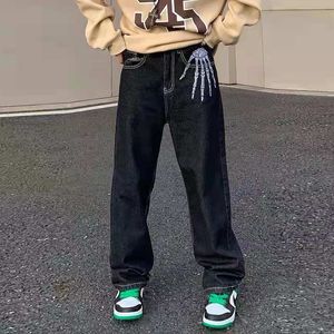 Erkek Kot Retro Retro Kafatası El Kemik Nakış Yıkanmış Pantolon Vibe Stil Düz Sıradan Büyük Boy Denin Pantolon Sokak Giyim 230606