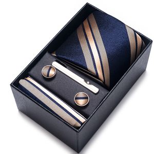 Neck Ties 100% Silk Brand Tie Handkerchief Cufflink Set For Men Necktie Holiday Gift Box Blue Gold Suit Accessories Slim Wedding Gravatas 230605