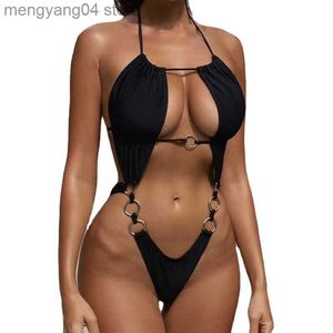 Costumi da bagno da donna 2023 Summer Ring Linked Cut-Out Costumi da bagno interi Scoop Neck Lace Up Back Monokini Micro Costume da bagno Black Bandage Costume da bagno T230606