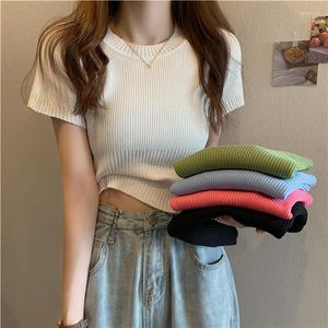 Kvinnors T-skjortor Summer Slim Thin Round Neck Solid Color Sticked Short-Sleeved Pullover T-Shirt Spring and Autumn Fashion Bottoming Top