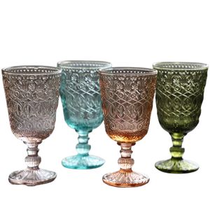 European Vintage Wine Glasses Embossed Stained Goblet 7 Colors Beer Glass Juice Cups