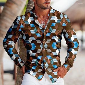 Camicie casual da uomo Camicie da uomo in estate con stampa geometrica azzurre da strada all'aperto a maniche lunghe con bottoni Camicie alla moda sportive.