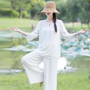 Aktive Sets Leinen Damen Yoga Tai Chi Kampfsport Set Chinesisch Traditionell Lose Sweatshirt Hose Lässig Workout Fitness Tang Meditation