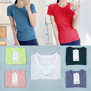 Lu Align Lu Girls短袖ジムTシャツヨガラウンドネックトレーニングTシャツ女性アスレチックトップトップスポーツ迅速に技術的なスリットタイトタンク定義