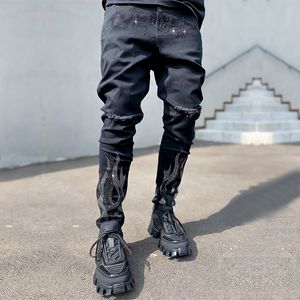 Męskie dżinsy Zgrane wiertło chude czarne rozciągające dżinsowe spodnie Man Street Punk Slim Fit Biker Spodni 230606