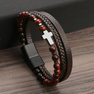 Pulseira de couro multicamadas de design clássico com cruz de hematita joias masculinas