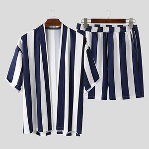 Mens Tracksuits Short Sleeve Sets Japanes Style Kimono Shirt Men Black White Vertical Striped Shirts Shorts Two Pieces Outfits 230605