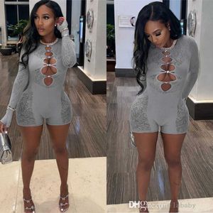 2023 Summer Rompers Women Jumpsuit Sexy Perspective Lace Bodysuit Long Sleeve Hollow Out High Waist Bodycon Yoga Shorts Jumpsuits For Women