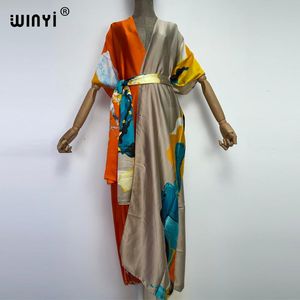 Badkläder 2022 Winyi Summer Beach Wear Swim Suit Cover Up Boho Fashion Printing Elegant Sexy Holiday Party Short Sleeve Cardigan Dress.