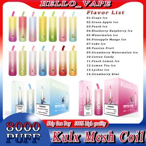 Original Kulx Mesh Coil 8000 Puff E-Zigarette 14 Geschmacksrichtungen 18 ml wiederaufladbare Einweg-Vape-Stiftvorrichtung Pod Smoking Vapes Kit Puff 8000 Puffs 0 % 2 % 3 % 5 % 850 mAh Akku