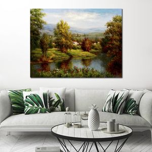 Modern Impressionist Landscape Canvas Art Villa at The River Bank Pittura a olio fatta a mano per la stanza della scuola materna